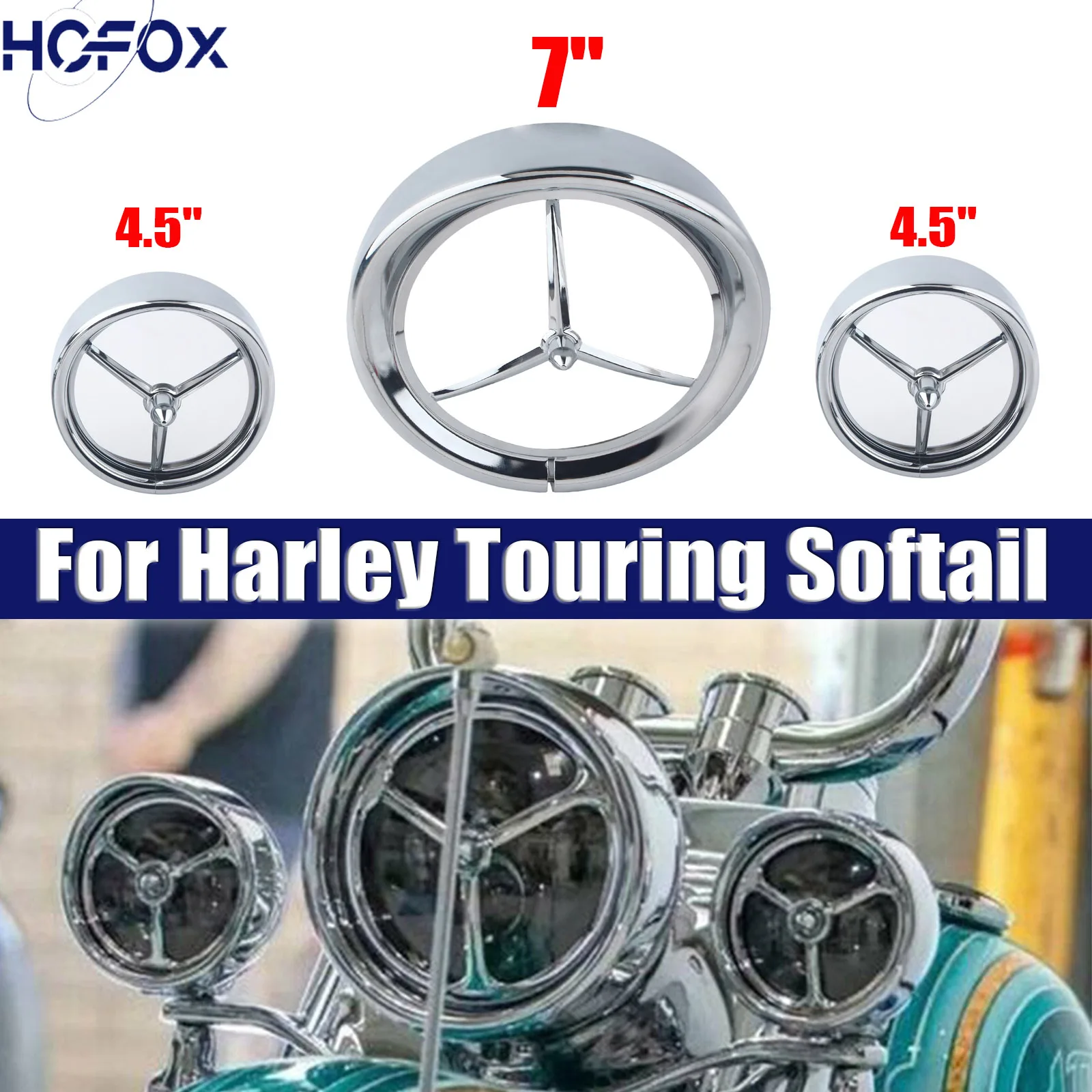 

For Harley Touring Electra Tour Street Glide Road King 7'' Headlight & 4.5" Chrome Front Spike Headlight Trim Ring Visor Cover