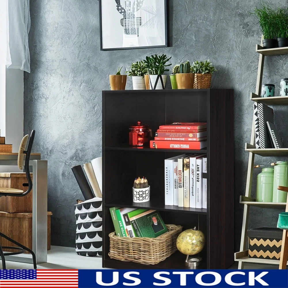 

3 Tier Bookcase Storage Shelves Durable Engineered Wood Espresso Finish Easy Assembly Functional Living Room Kids Room Display
