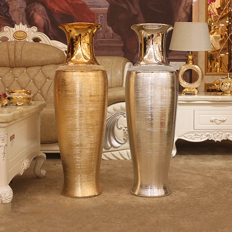 Floor Vase Europe Luxury Vase Electroplated Golden Ceramic Floor-To-Ceiling Large Vase Silver Model House Decoration Home Vases