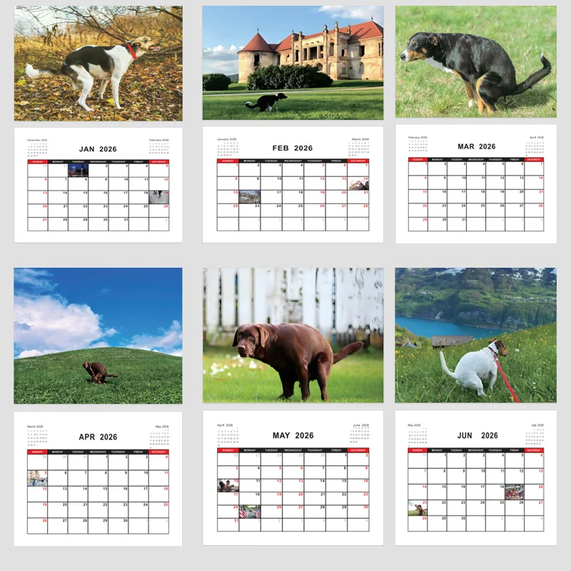 2026 Pooping Dog Calendar-Year مخطط شهري وجدول الأعمال منظم تقويم الحائط مضحك حفلة الكمامة هدايا للأصدقاء