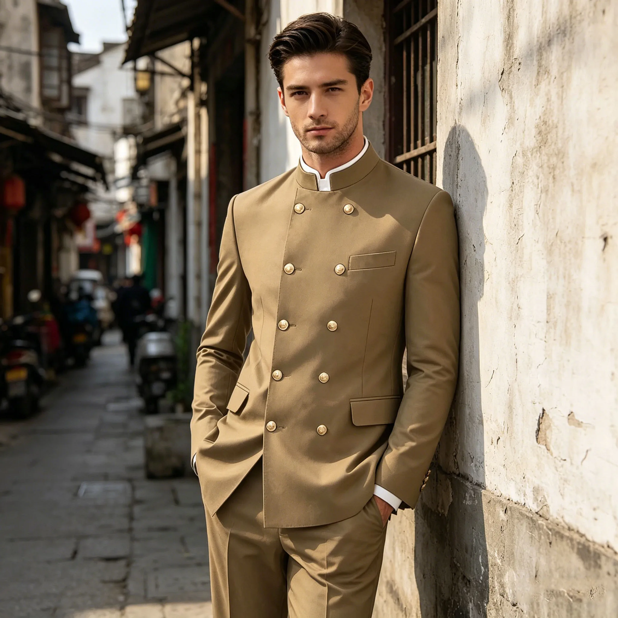 Men's Chinese Style Suit Solid Color Double Breasted Mandarin Collar 2 Piece Set Gold Button Formal Business Wedding Blazer Pant image 3