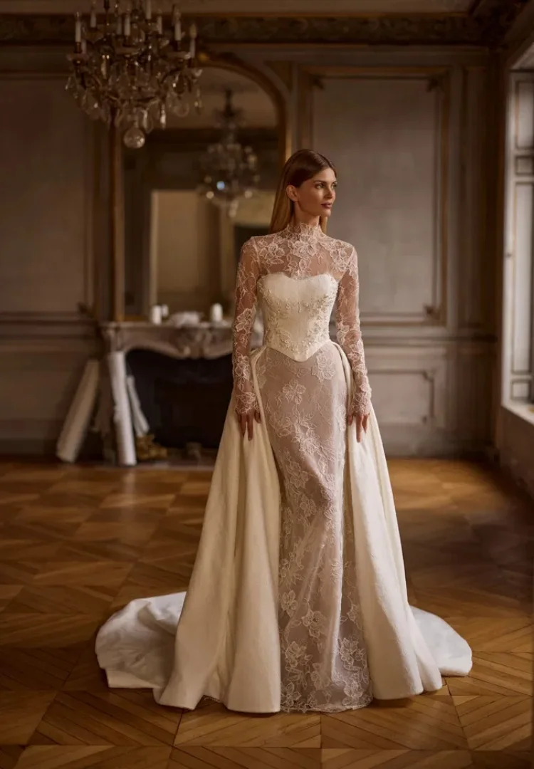 Vestido De Novia Desmontable Long Sleeve Dresses Minimalista Elegante Vestidos Alta Costura Lace Wedding Dress Satin A line Boda