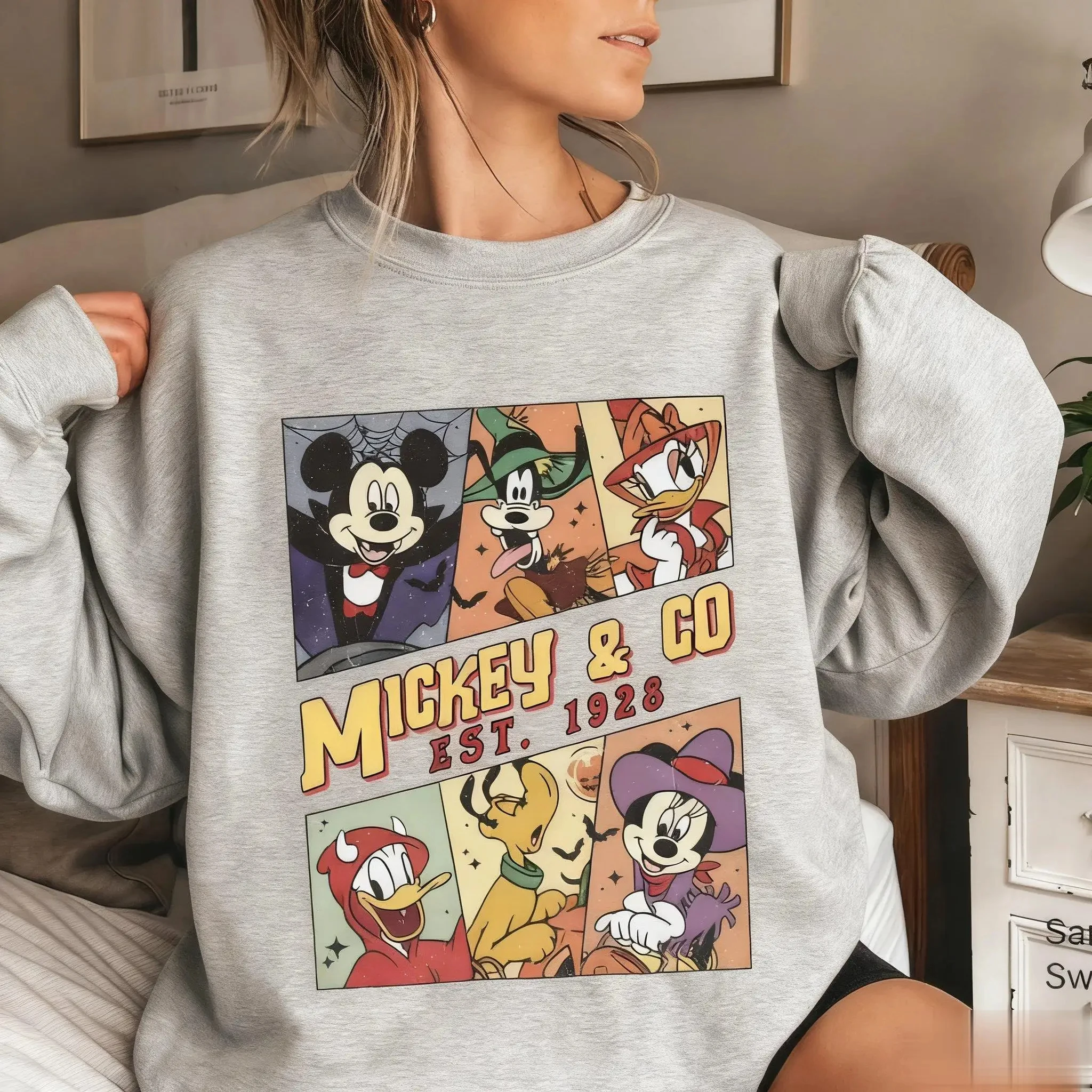 ميكي ماوس ديزني خمر طباعة كم طويل قميص المرأة رداء علوي غير رسمي Crewneck البلوز البلوز الشارع الشهير سترة Y2k الخريف