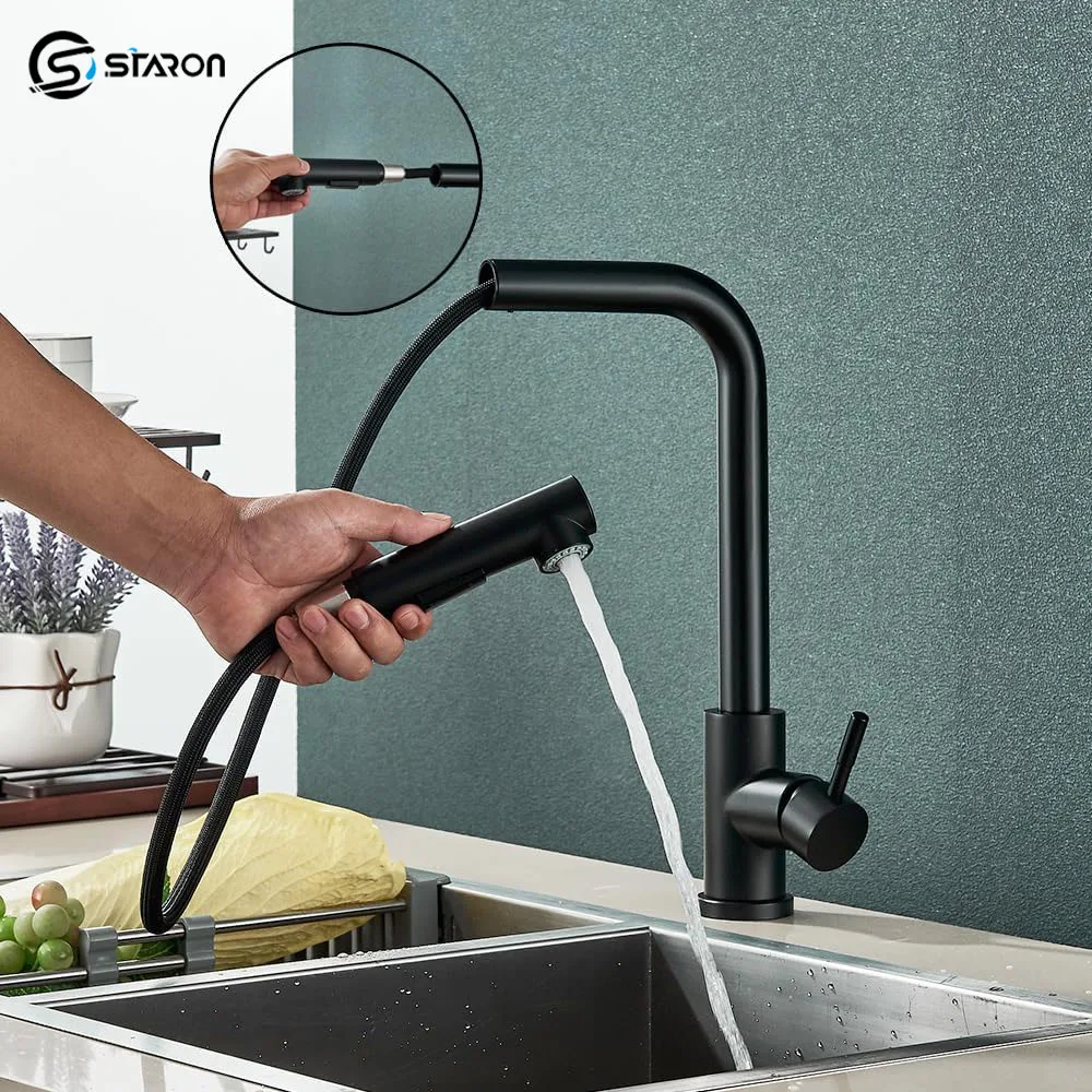 STARON Black Pull Out Kitchen Sink Faucet Two Model Stream Sprayer Nozzle Stainless Steel Hot Cold Water Mixer Tap Deck