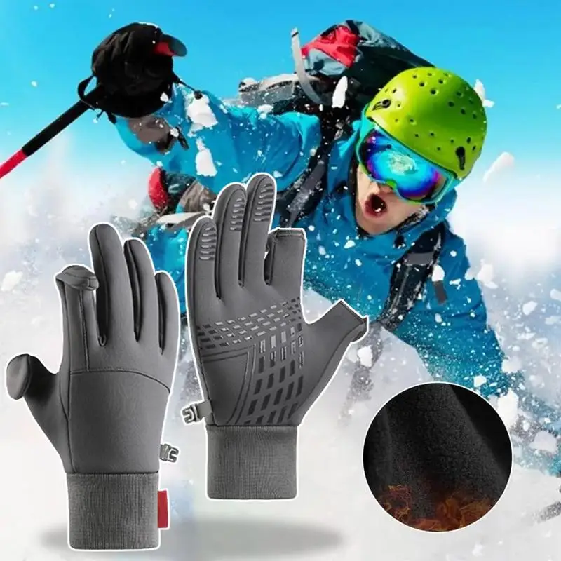 Hiking Gloves Waterproof Non-slip Gloves With 2 Fingerless Design Fleece-Lined Winter Gloves Warm Running Gear For Women Men