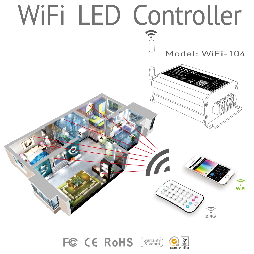 LTECH Wi-Fi 104 Lighting Dimming Control System,2.4G RF Wireless Remote Controller M12,Receiver R4-5A R4-CC,RGBW Touch Panel UX8