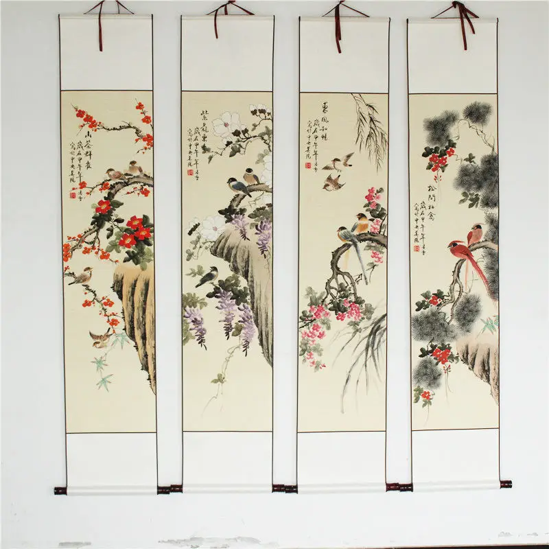 

Chinese Decorative Painting, Classical Flower and Bird Four Screen Scroll Painting Living Room Wall Hanging Cloth Poster Canvas