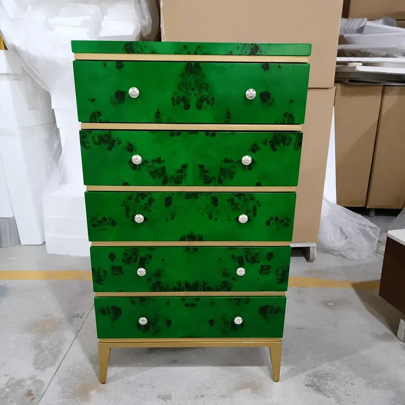 High Grade Tree Tumor Solid Wood Bucket Cabinet Emerald Five Drawer Storage Unit Italian Light Luxury Style Factory Wholesale