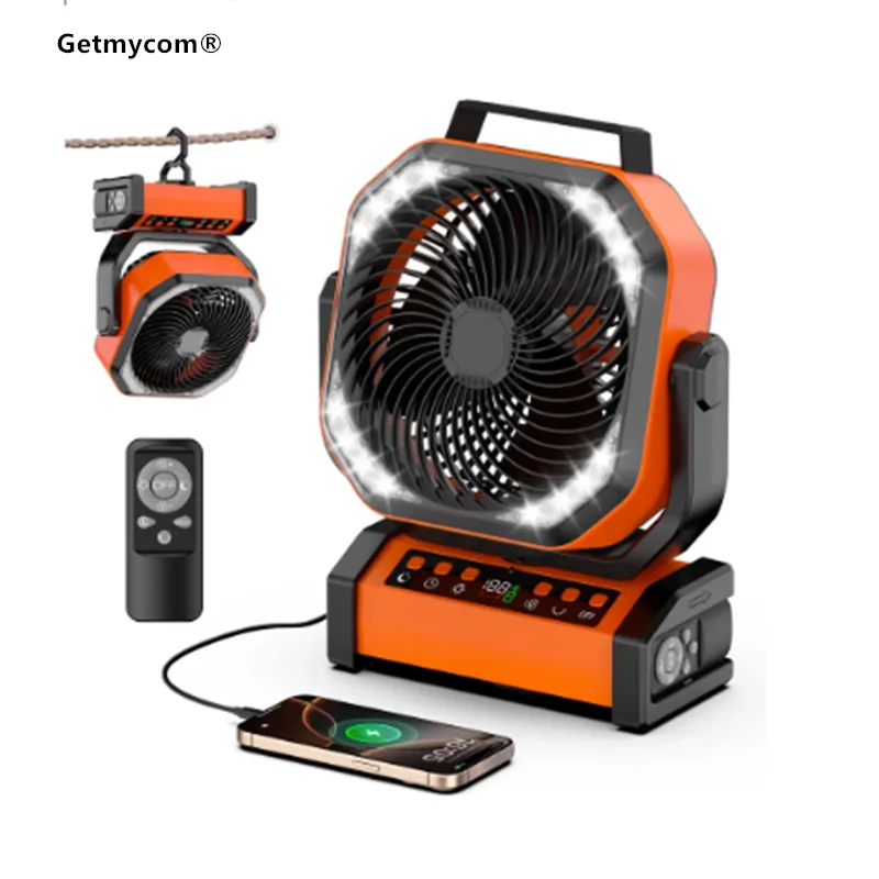 Getmycom 20000mAh Outdoor Camping Fan with Remote & Hook Timer Control Auto Oscillation 8 Levels Wind Speed Portable Hanging Fan
