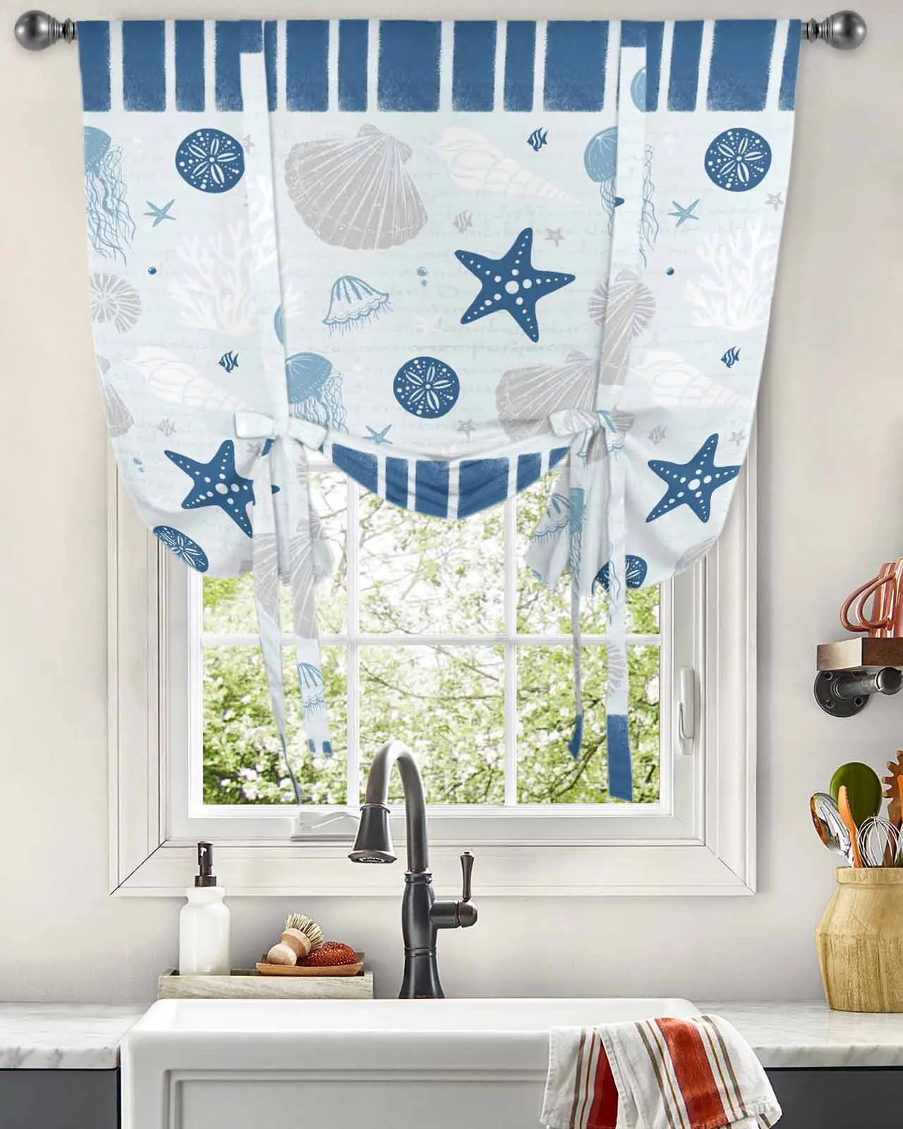 Ocean Striped Shell Jellyfish Coral Blue Window Curtains Tie Up Curtains for Kitchen Living Room Adjustable Rod Pocket Valances