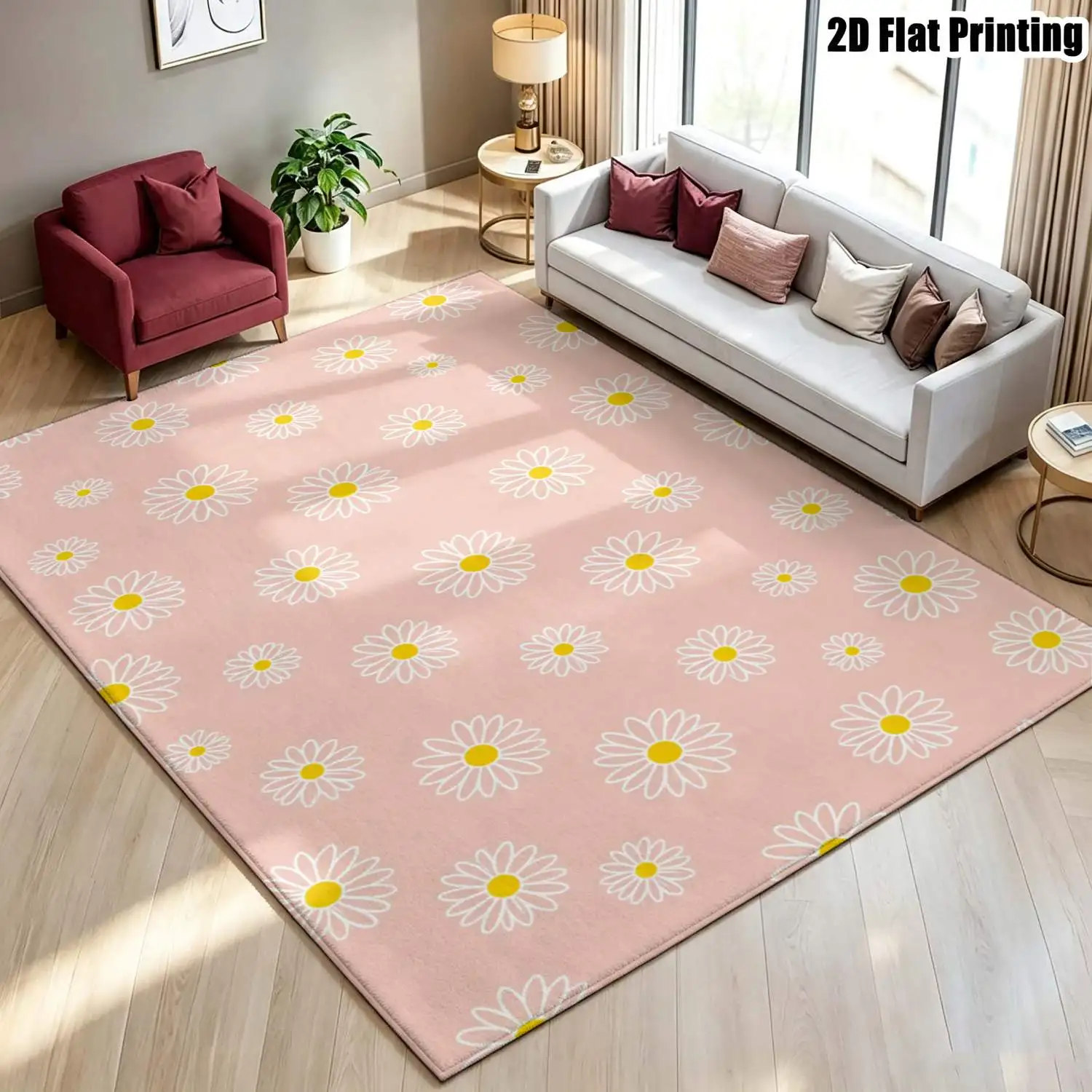 1Pc 2D Printed Light Pink Daisy Carpet, Instagram-Style Floor Mat, Modern Simple Home Decor, Multi-Size, Machine Washable, for Entrance, Dining, Foyer, Bedroom, Study, Living Room