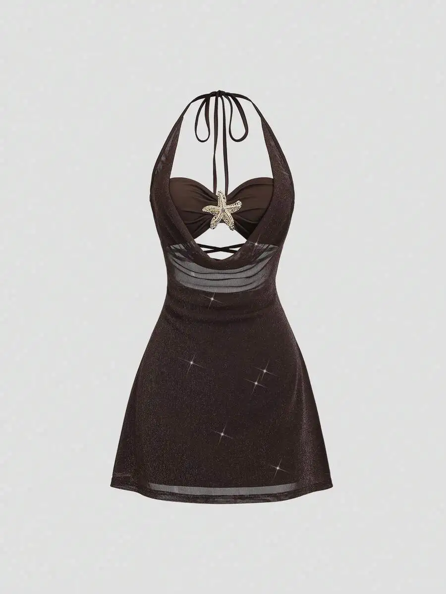 

Elegant Vintage-Inspired Halter Neck Dress With Starfish Embellishment, Stretchy Fit For Spring Casual Wear