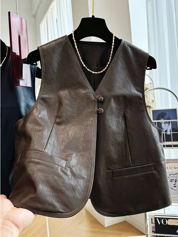 

Women's Svel V-Ne PU Leather Cardigan Vest Jaet Trendy Autumn Winter Faion High-End Feelings Commute Sle