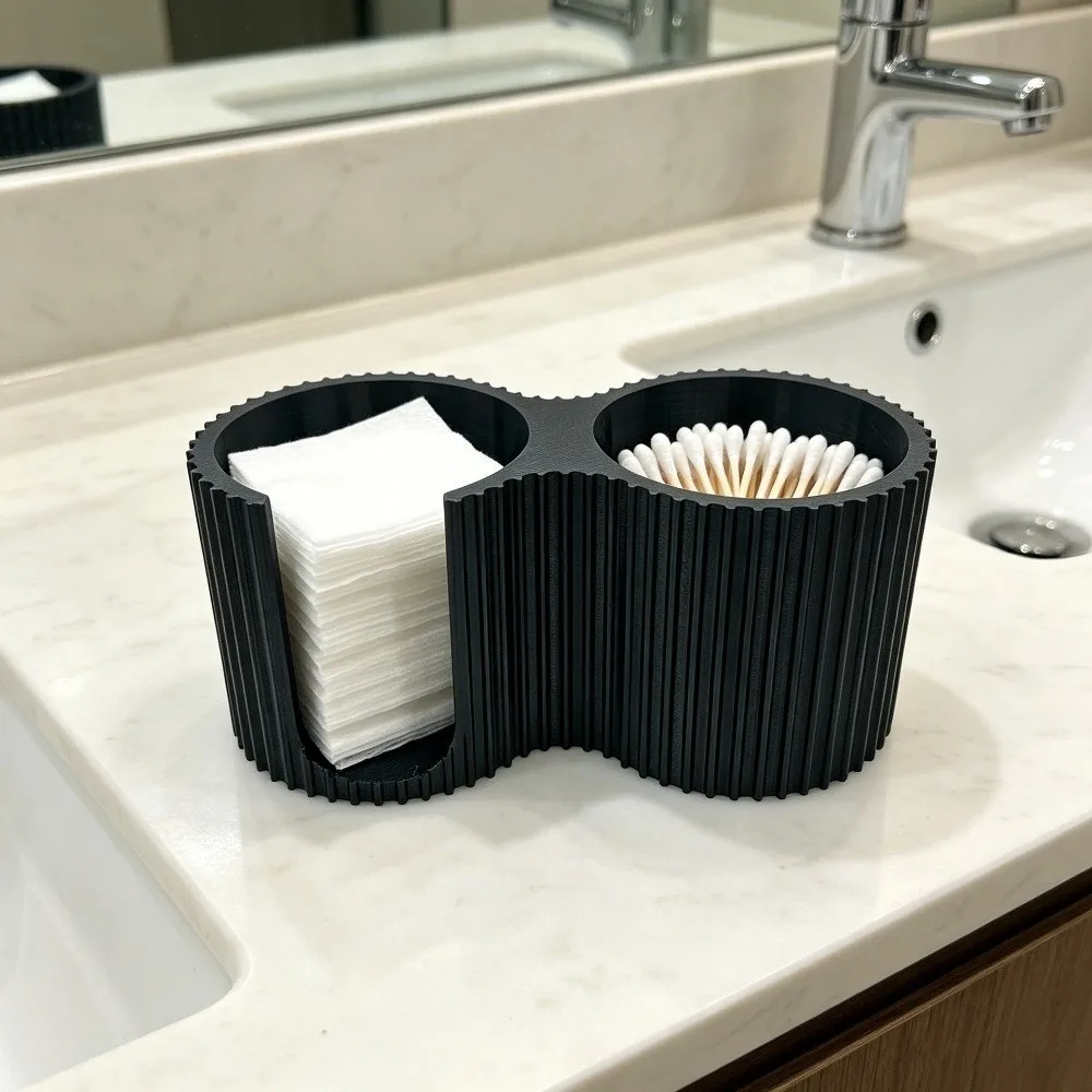 3D Printed Cosmetic Storage Container Minimalist Dual Compartment Cotton Swab Holder Plastic Striped Pattern Beauty Storage Box
