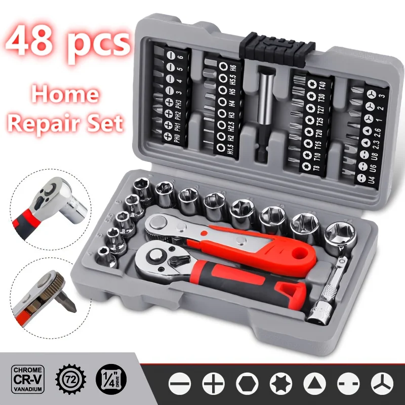 

48pcs Portable Wrench and Socket Set, 72-Tooth Quick-Release Ratchet Wrench with Non-Slip Handle, Suitable for Mechanical, Auto
