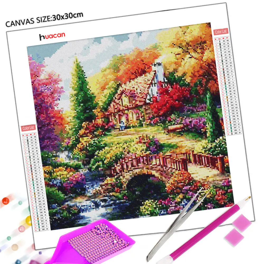 Huacan كامل مربع جولة الماس اللوحة منزل حديقة الماس الفسيفساء المشهد الفن اللوحات الزخرفية
