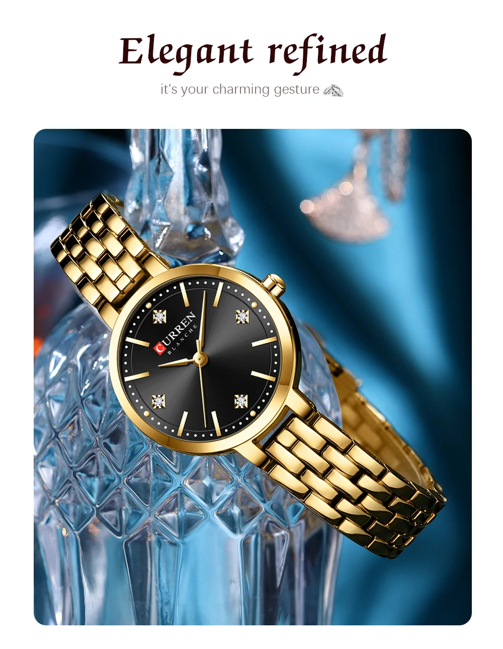 CURREN Damen Minimalistische Dünne Armbanduhr mit Funkelnden Strasssteinen, Luxuriöse Quarzuhr als Geschenk für Sie – Detail 9