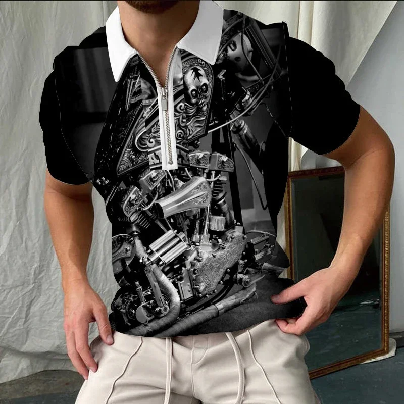 

Locomotive printing Polo Shirt for Men Hawaiian 3D Print Zipper Polo Short Sleeve Summer Shirt