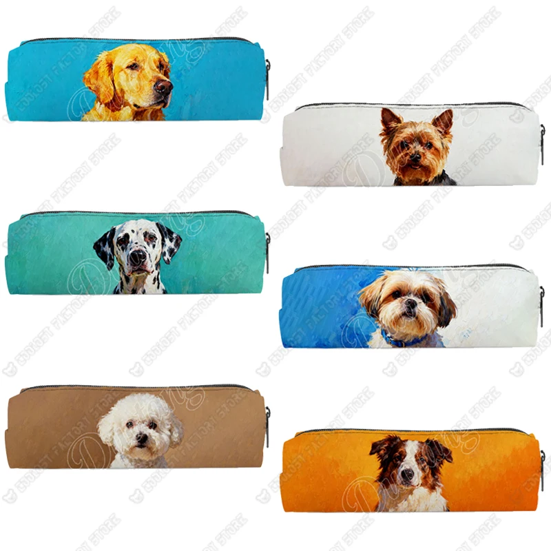 Oil Painting Animal Dog Graphic Pattern Cosmetic Case Pencil Bag Golden Retrieve Shih Tzu Puppy Stationery Bags  School Supplies