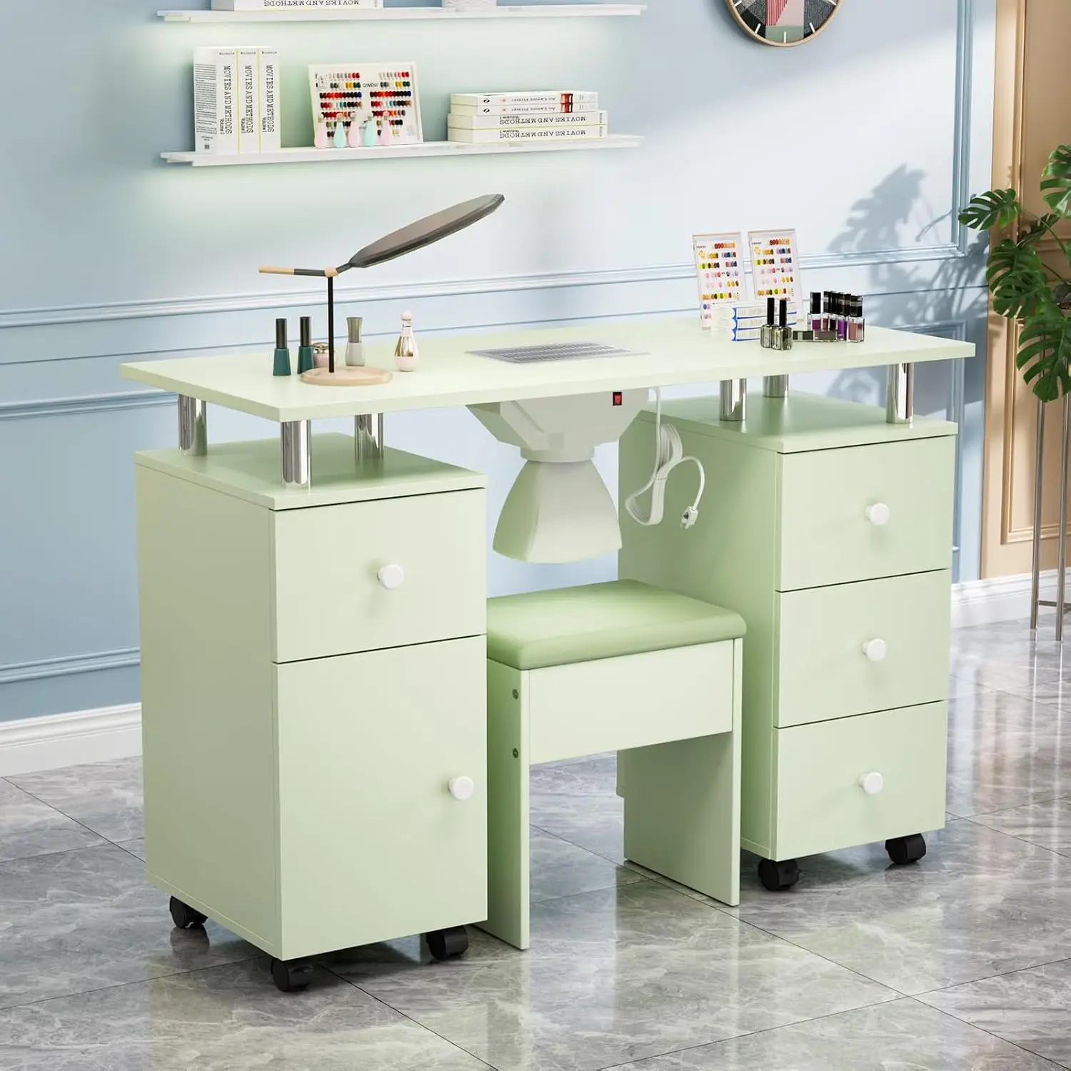 Nail Desk and Chair Set, Manicure Table with Dust Collector, Arm Rest, 8 Wheels, Acetone Resistant Desktop, Drawers, Customized