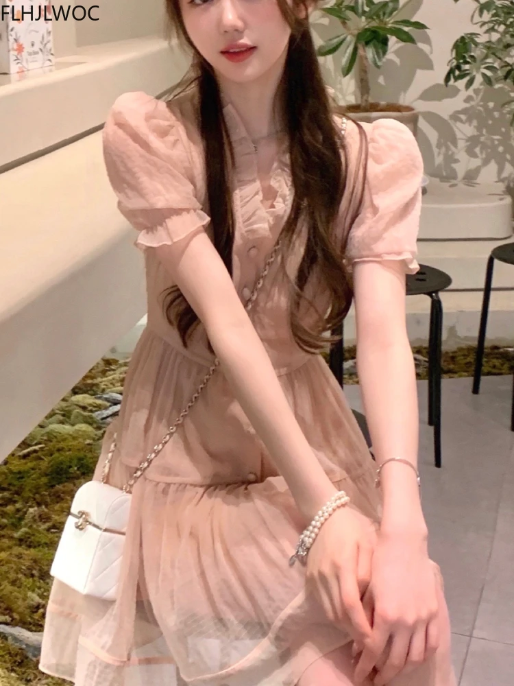 Korea Chic Dress 2022 Summer Holiday Date Girls V Neck Sweet Romantic Pink Women Lace-Up Ruffles Button Shirt Dresses