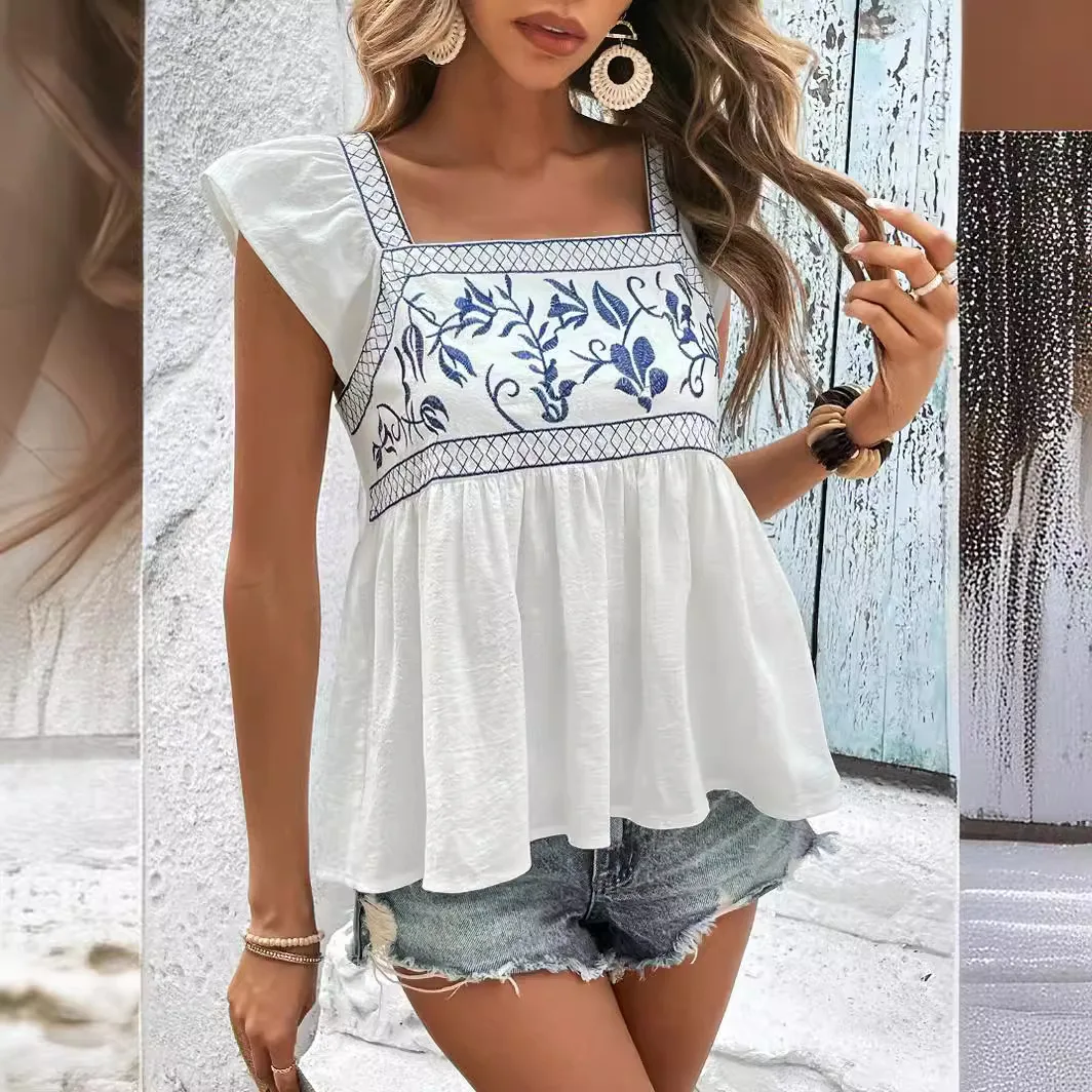 

2025 Women's Shirt Summer Fashion New Embroidery Back Lace-up Square Collar Flying Sleeve Ruffled Femme Blouses Streetwear Tops