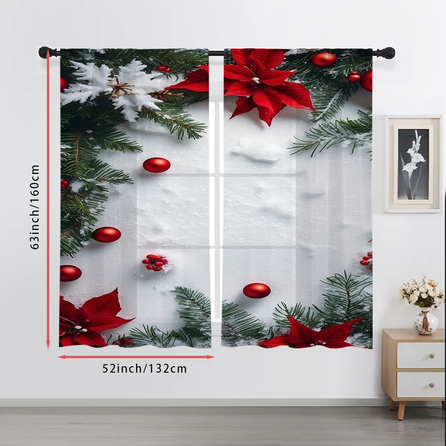 2PCS Sheer Curtains Christmas Pine Poinsettia Red Ball Berry Print, Window Voile Panels for Bedroom Living Room Xmas Home Decor