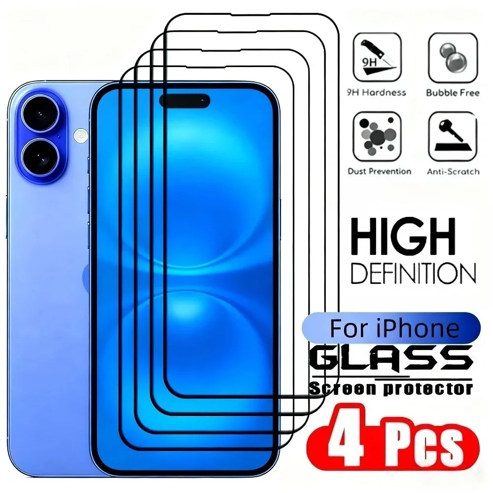 4Pcs Full Cover Screen Protector for iPhone 17 16 15 14 Pro Max Air 13 12 11 Pro 16 15 14 Plus XR XS 9H Hardness Tempered Glass