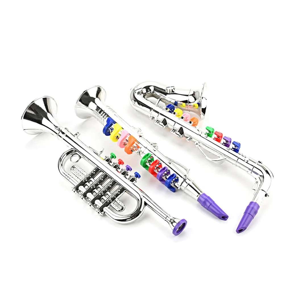 Instrumentos musicales para niños, clarinete de juguete, trompeta de saxofón, combinación de instrumentos musicales de viento y latón para juego de niños pequeños, 3 uds.