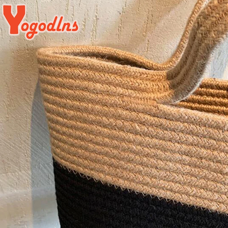 Yogodlns Summer Woven Straw Handbag Women Contrast Color Cotton Rope Beach Bag Travel Large Capacity Tote Shopping Handle Bags