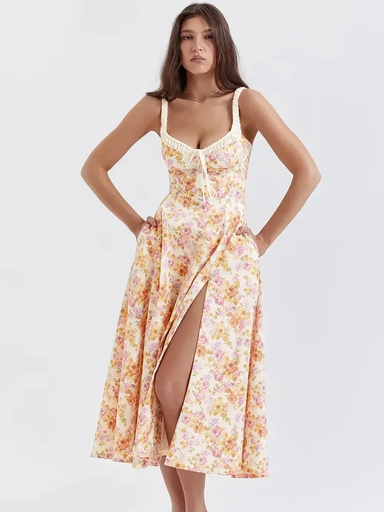 GypsyLady Summer French Floral Midi Dress Yellow Flower Chic Strappy Sexy Holiday Casual Women Holiday Split Ladies Dresses New