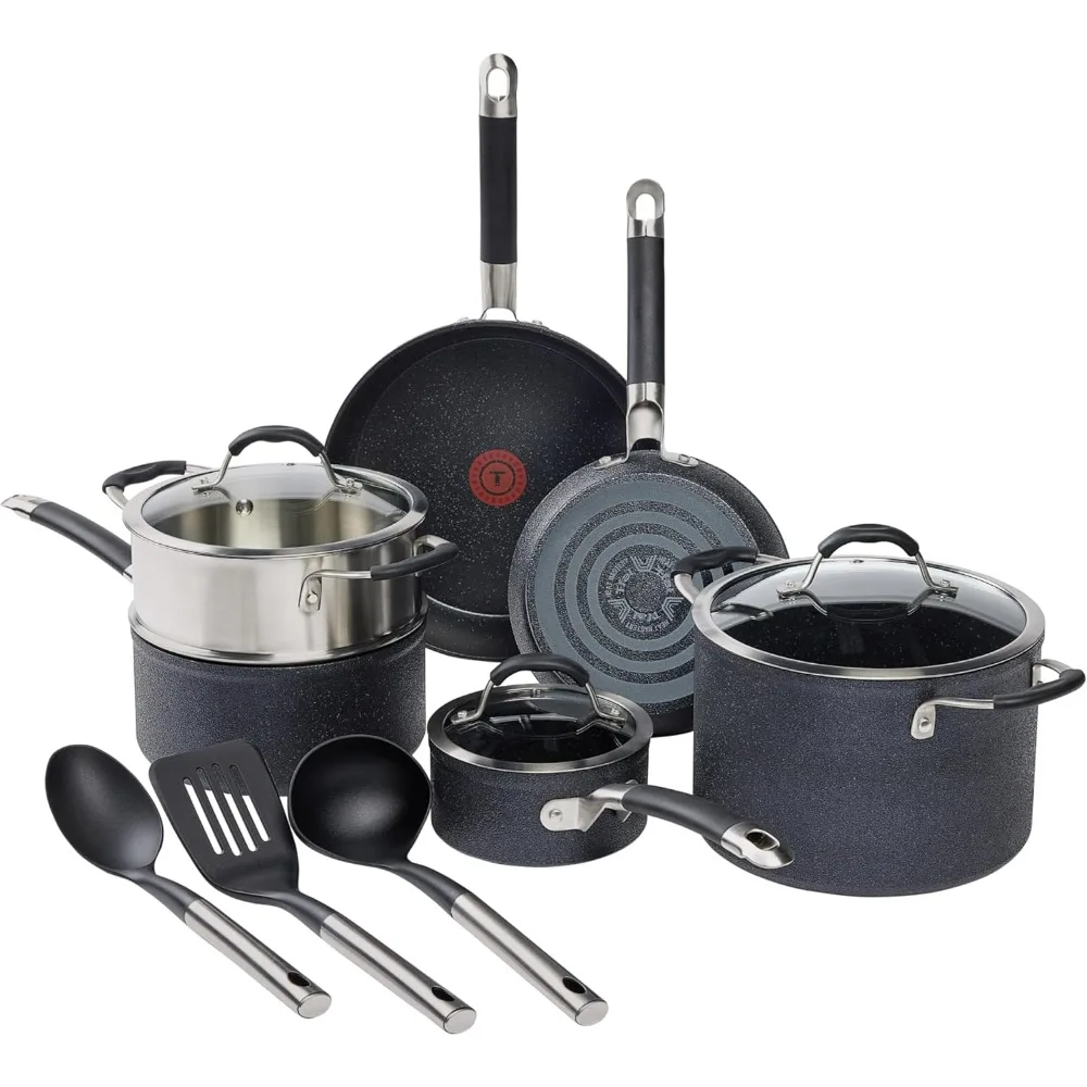 

T-fal Stone Force Platinum Non Stick Cookware Set 12 Piece, Oven Broiler Safe 400°F, Kitchen Cooking Set w/Fry Pans, Saucepans,