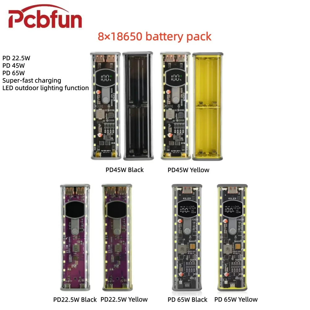8×18650 Solder-Free Battery Case, PD 22.5W 45W 65W Super-Fast Charging Power Bank Casing, with LED Outdoor Lighting Function