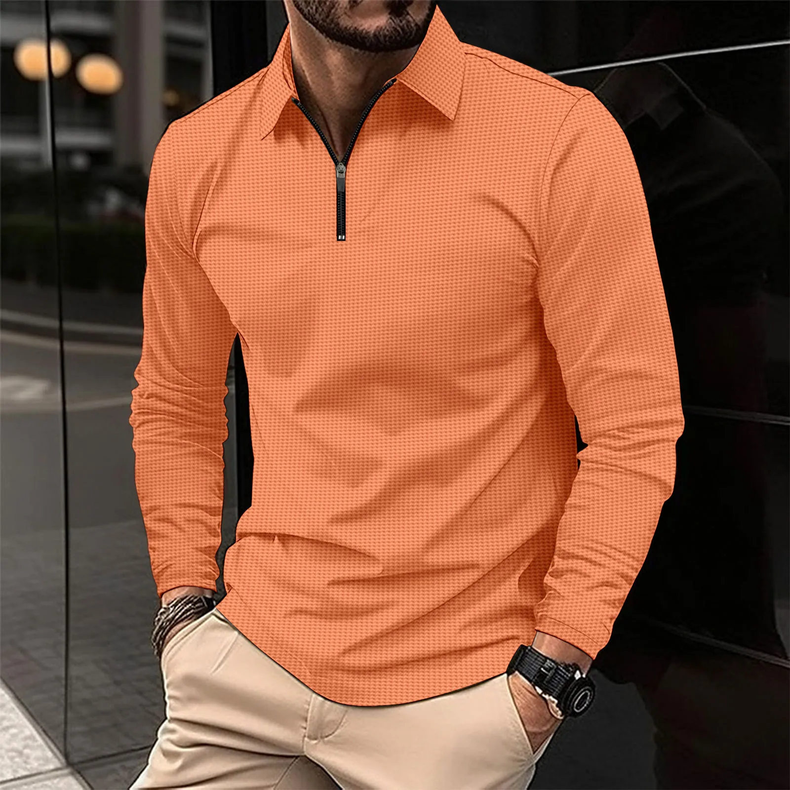 Spring and Autumn men's long-sleeved POLO shirt solid color zip-up lapel office commute business casual jumper fashion sports T-