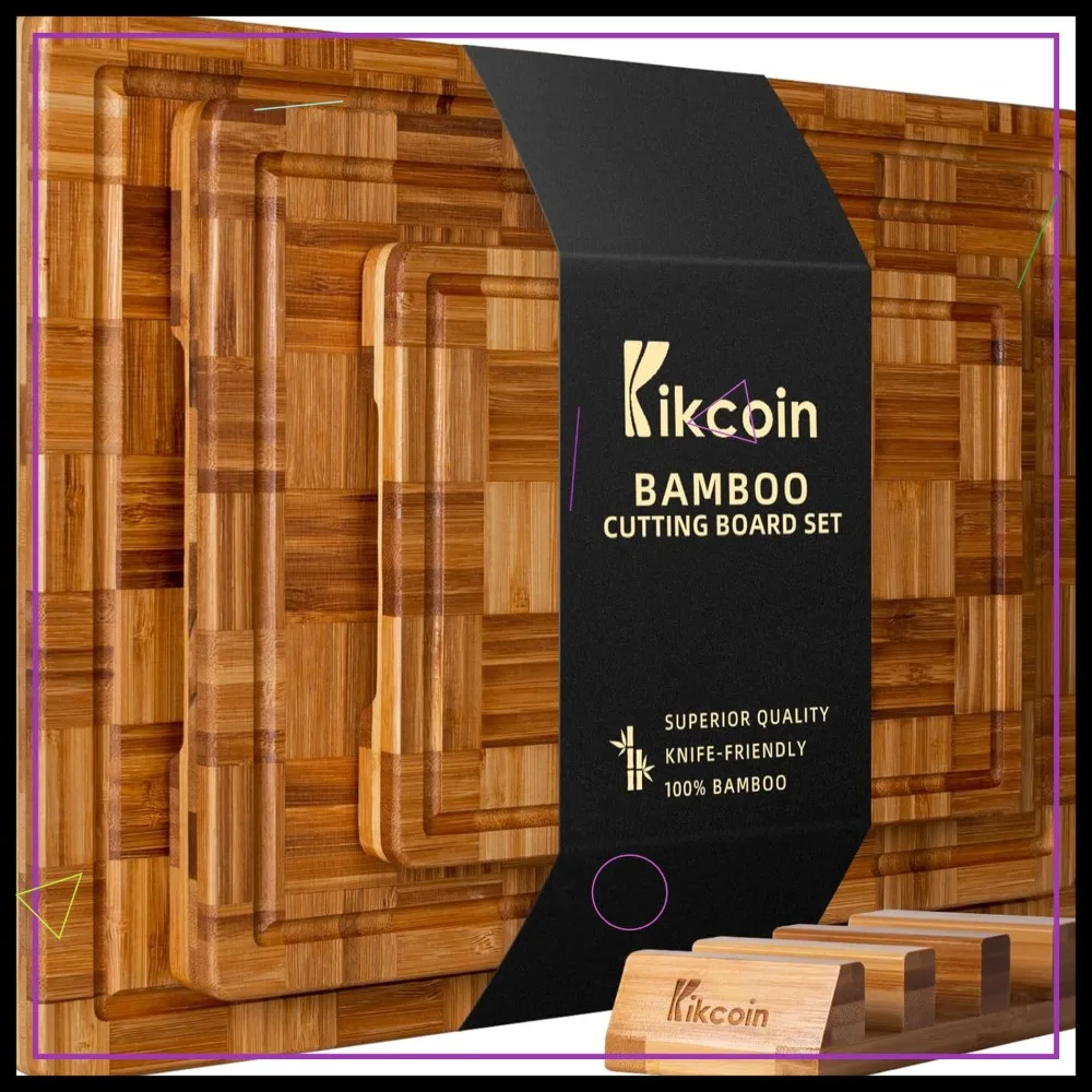 

Extra Large Bamboo Cutting Boards Set of 3 with Juice Groove, End Grain Serving Tray for Kitchen