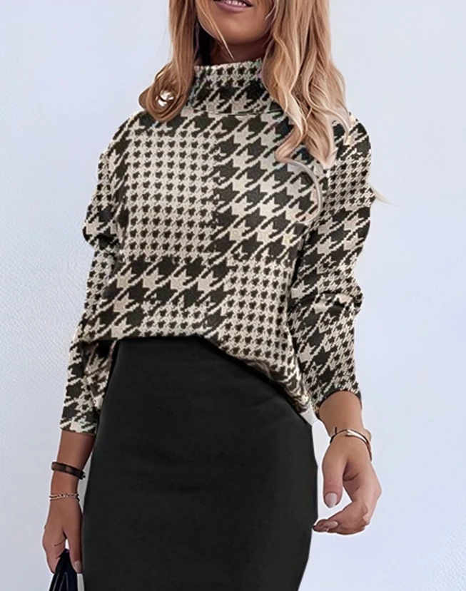 Women's Set 2023 New Hot Selling Fashion Houndstooth Pattern Long Sleeve Sweatshirt and High Waist Short Skirt Set