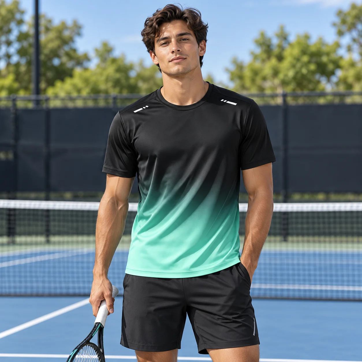 New Unisex Gradient Sports T-shirt, Lightweight Short Sleeve Fitness Top, Summer Outdoor Running Tennis Jersey Shirt