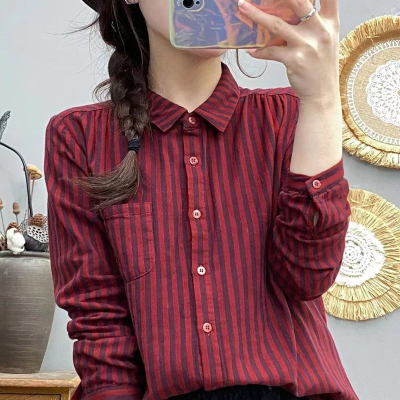 New Pure Cotton Striped Long Sleeved Shirt Double-layer Cotton Yarn Women\'s Spring Autumn Casual Slimming Age Reducing Top Shirt