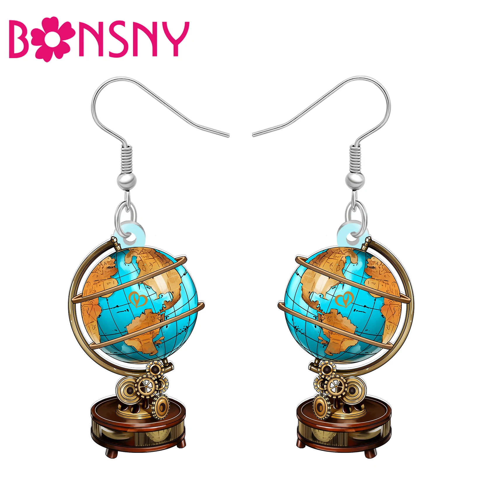 BONSNY Acrylic Vintage World Globe Dangle Earrings Jewelry Steampunk Earth Planet Gifts For Women Girls Geography Lovers Charms