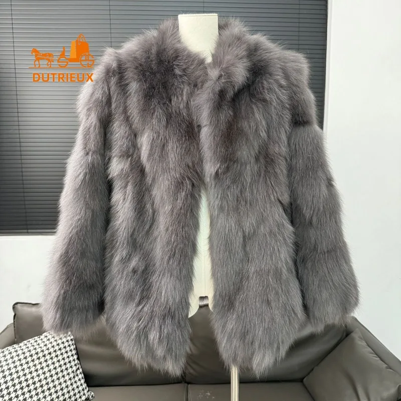 겨울 여성용 중간 길이 정품 여우털 코트, 100% 진짜 여우털, 오피스 파티 스키 패션 따뜻한 털 칼라 여성용 털 재킷