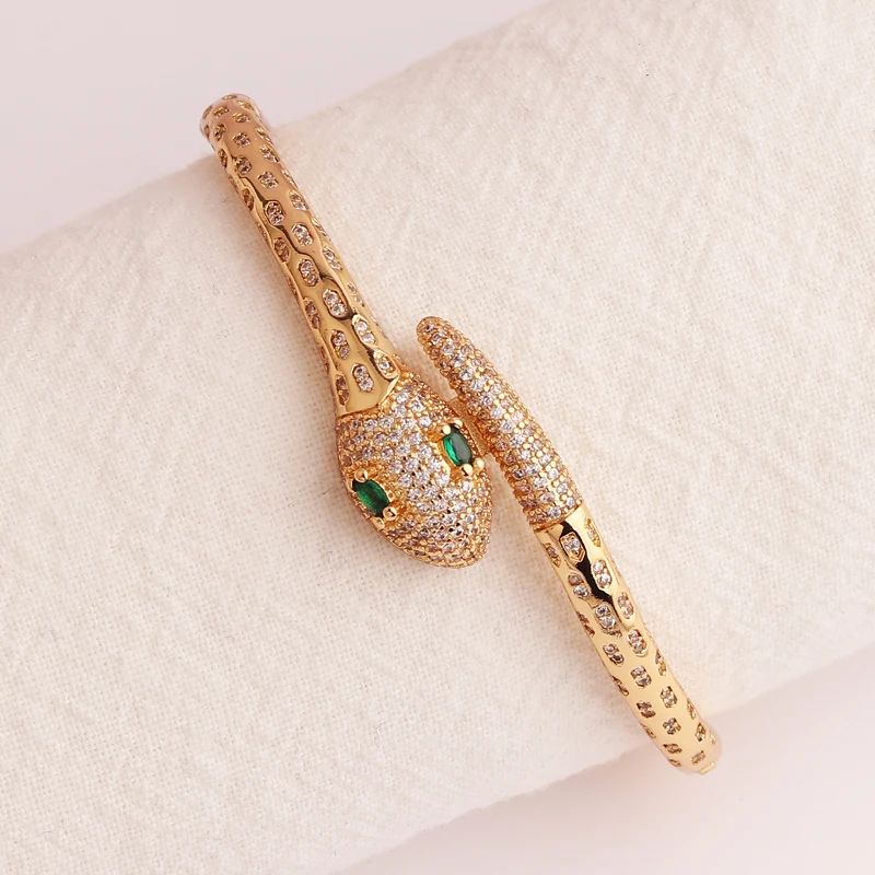 Good Quality Green CZ Snake Bracelet for Women 18K Gold Plated Open Bracelets Bangle Femme Vintage Goth Jewelry pulseras mujer