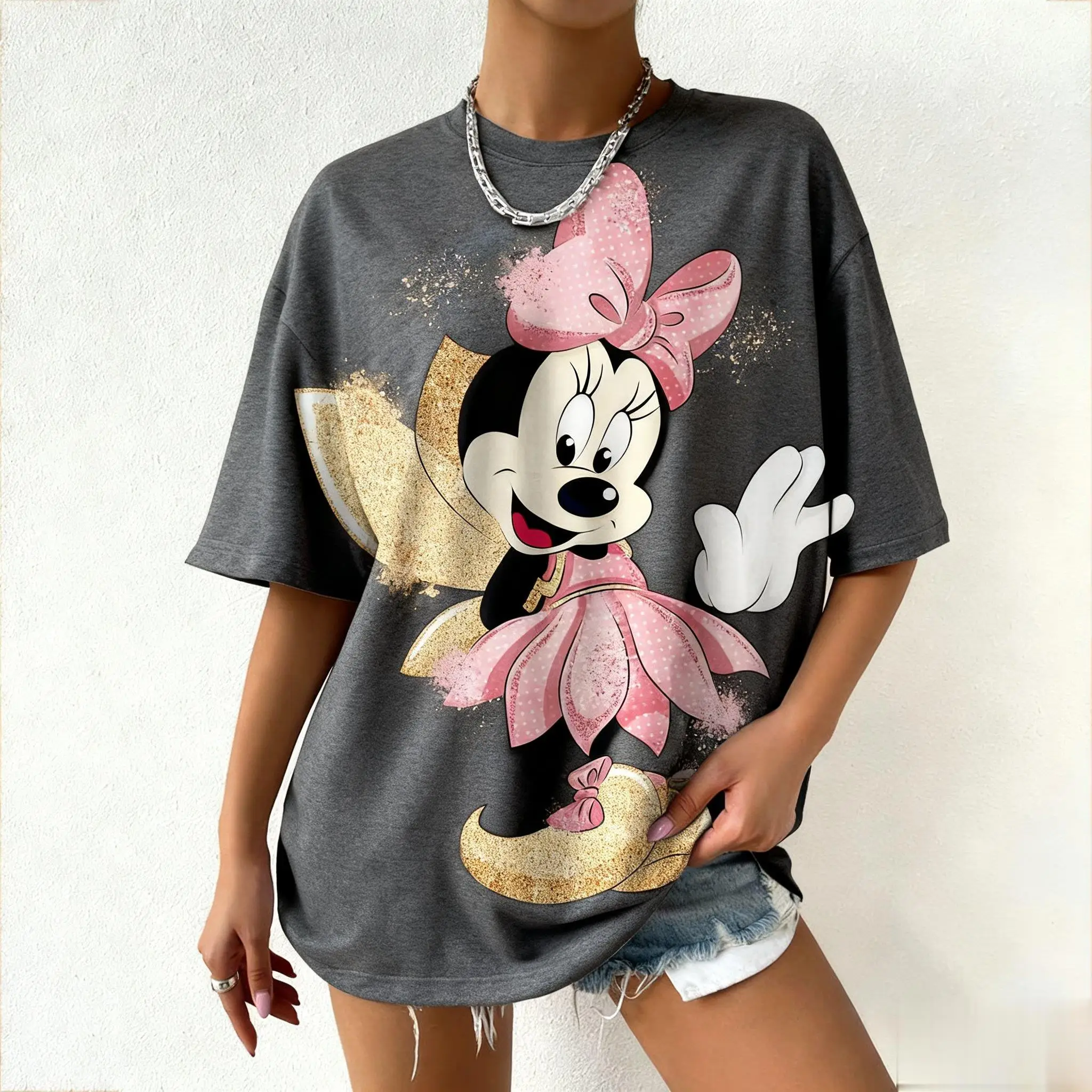 ديزني ميكي ميني ماوس الجرافيك تي شيرت النساء الرجال لطيف الكرتون طباعة قصيرة الأكمام المحملة القمم ملابس الشارع الشهير موضة الصيف