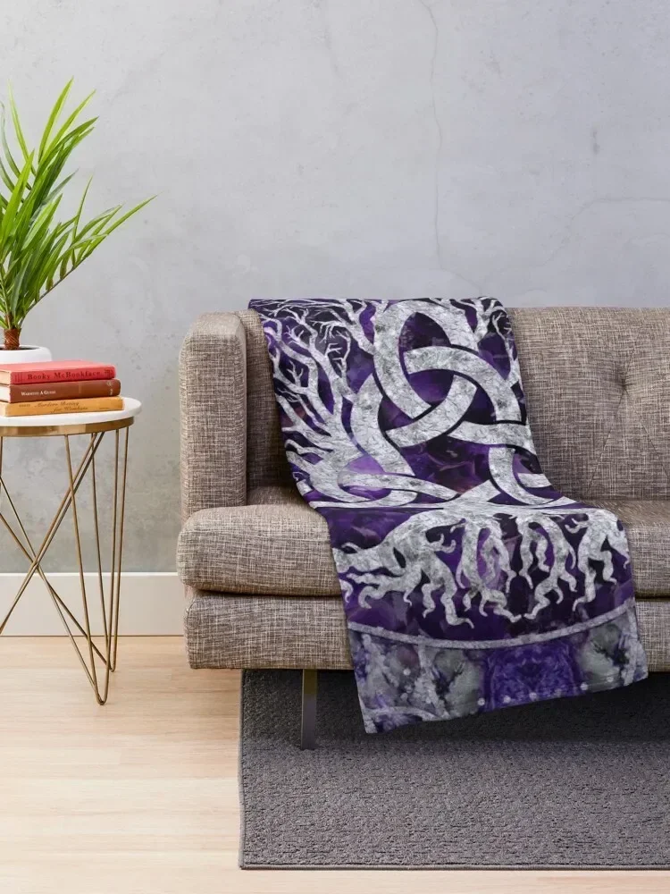 Tree of life with Triquetra Amethyst and silver Throw Blanket Hairy Sofa christmas decoration Flannels Blankets