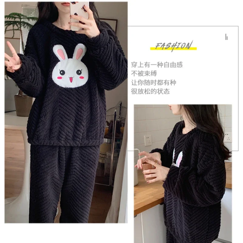 5XL Plus Size Thickened Warm Pajamas Women Winter Two Pieces Set Flannel Homewear O-Neck Loose Cartoon Rabbit Ladies Sleepwear