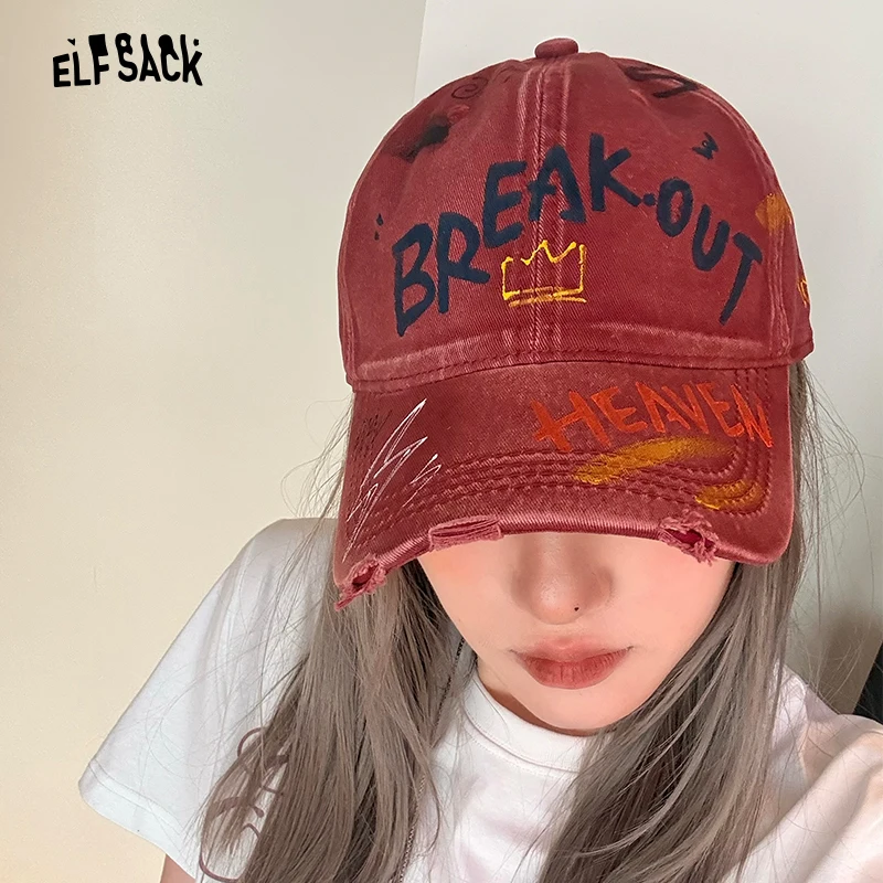 ELFSACK Retro Street Washed Distressed Denim Baseball Cap Letter Print Fashion for Women