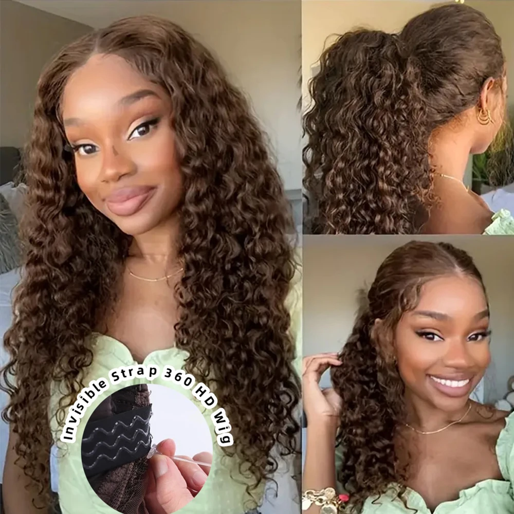 Invisible Strap 360 Full Hd Lace Glueless Wig Human Hair Chocolate Brown Deep Wave 360 Upgrade Lace Front Wigs Human Hair