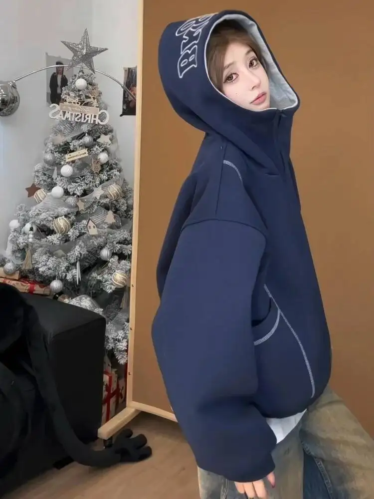 Women Hoodies Loose Zipper Hooded Jacket Short Pure Color Trendy Sweatshirt Top Korean Style Autumn Winter Women's Clothing