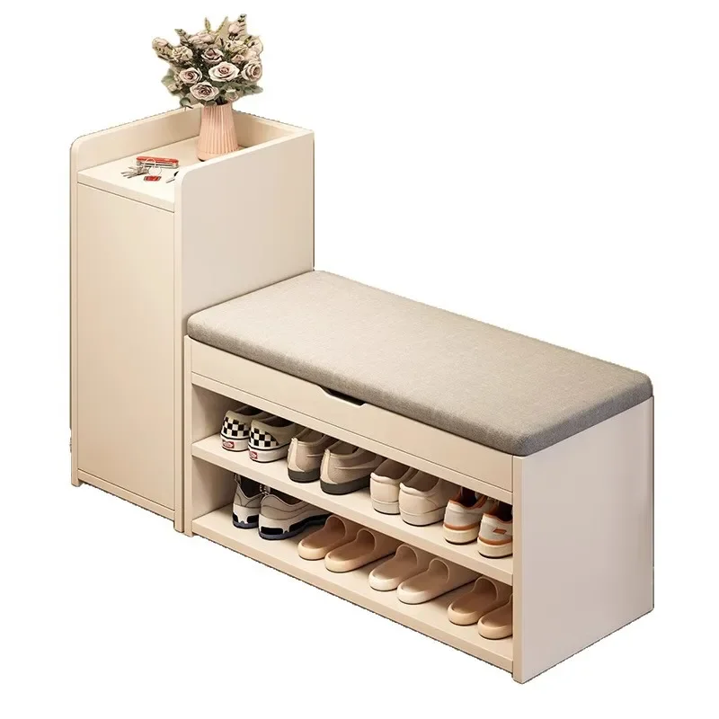 Cream Entryway Shoe Storage Bench with Cushion Integrated Rack for Hallway Living Room Home Organization Furniture