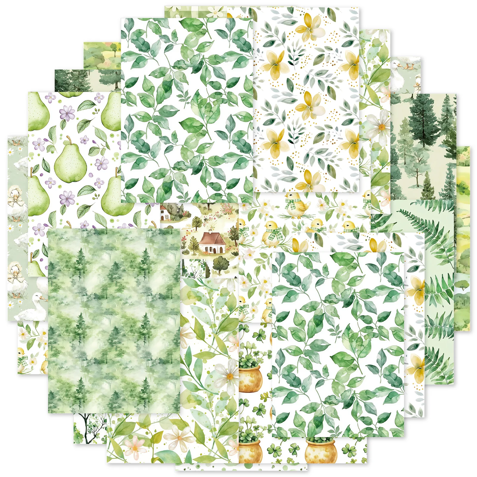 Etori Life Green Ripple Flower Trail 30 Stück Papier im Wald-Stil, naturgetreues Materialpapier, frisches grüntöniges Waldstadt-Dekorationspapier für Geschenkverpackungen, Raumdekoration, Laptop,