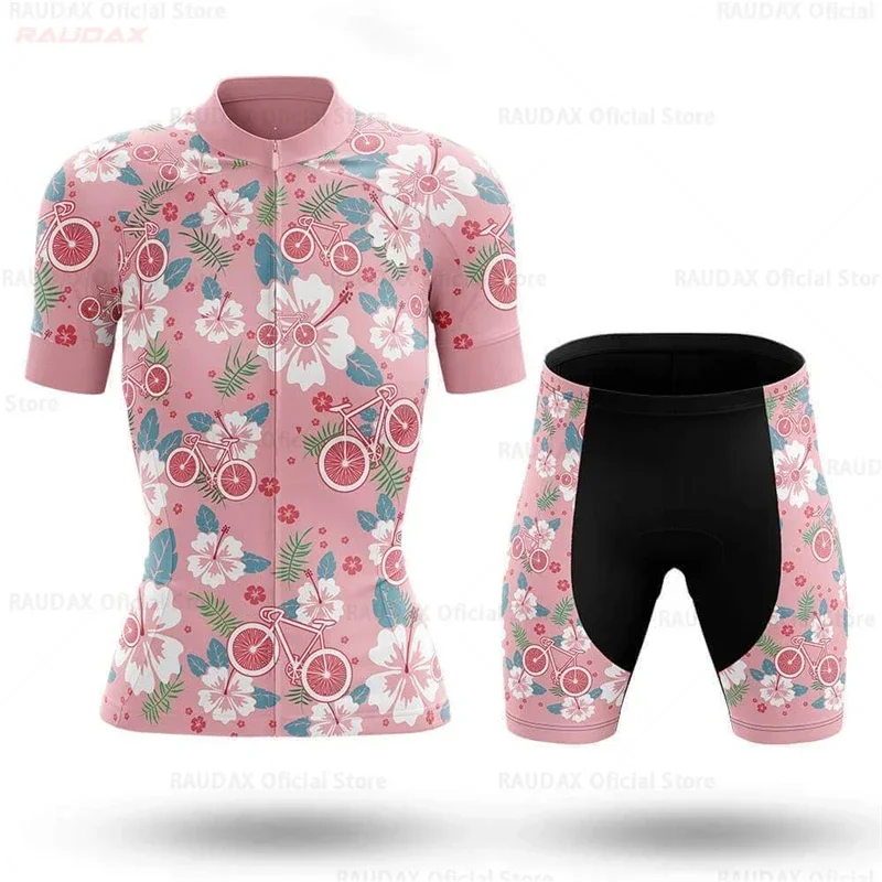 Pink Flowers Women Cycling Jersey Set Summer Anti-UV Cycling Bicycle Clothing Quick-Dry Mountain Female Bike Clothes Cycling Set